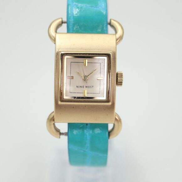 Nine West Womens Gold Tone Watch 20mm Dial Blue Faux Leather Strap w New Battery - Picture 1 of 14